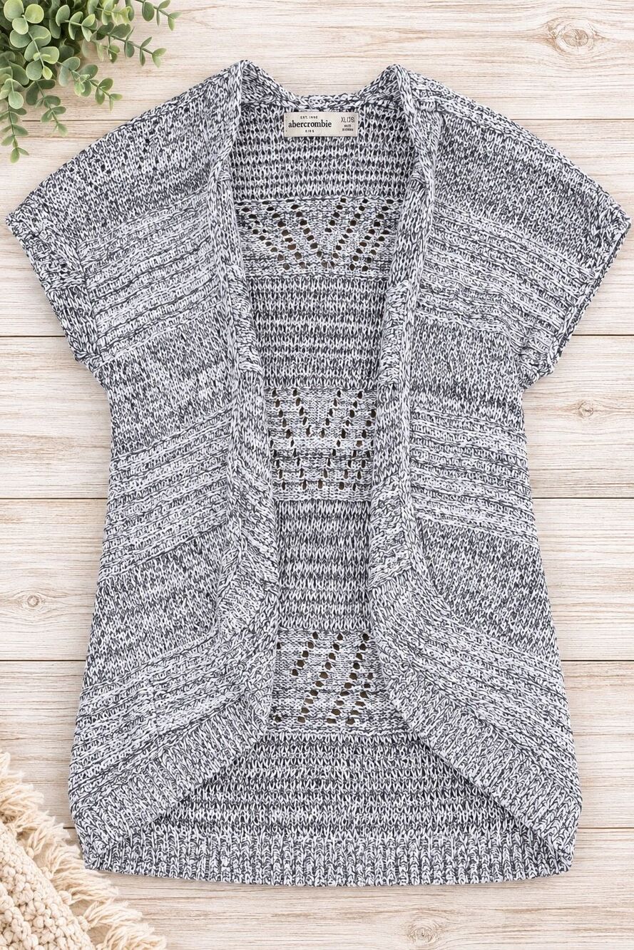 Abercrombie Kids Girls XL 16 Gray White Open Knit Short Sleeve Cardigan